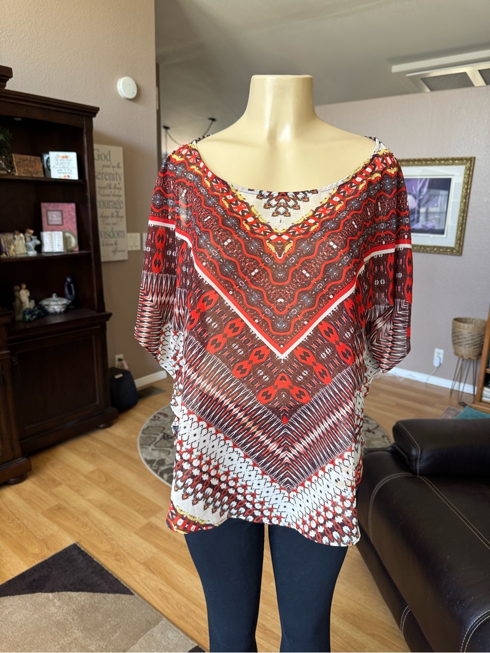 Halo red & cream short sleeve cape-like blouse-size L